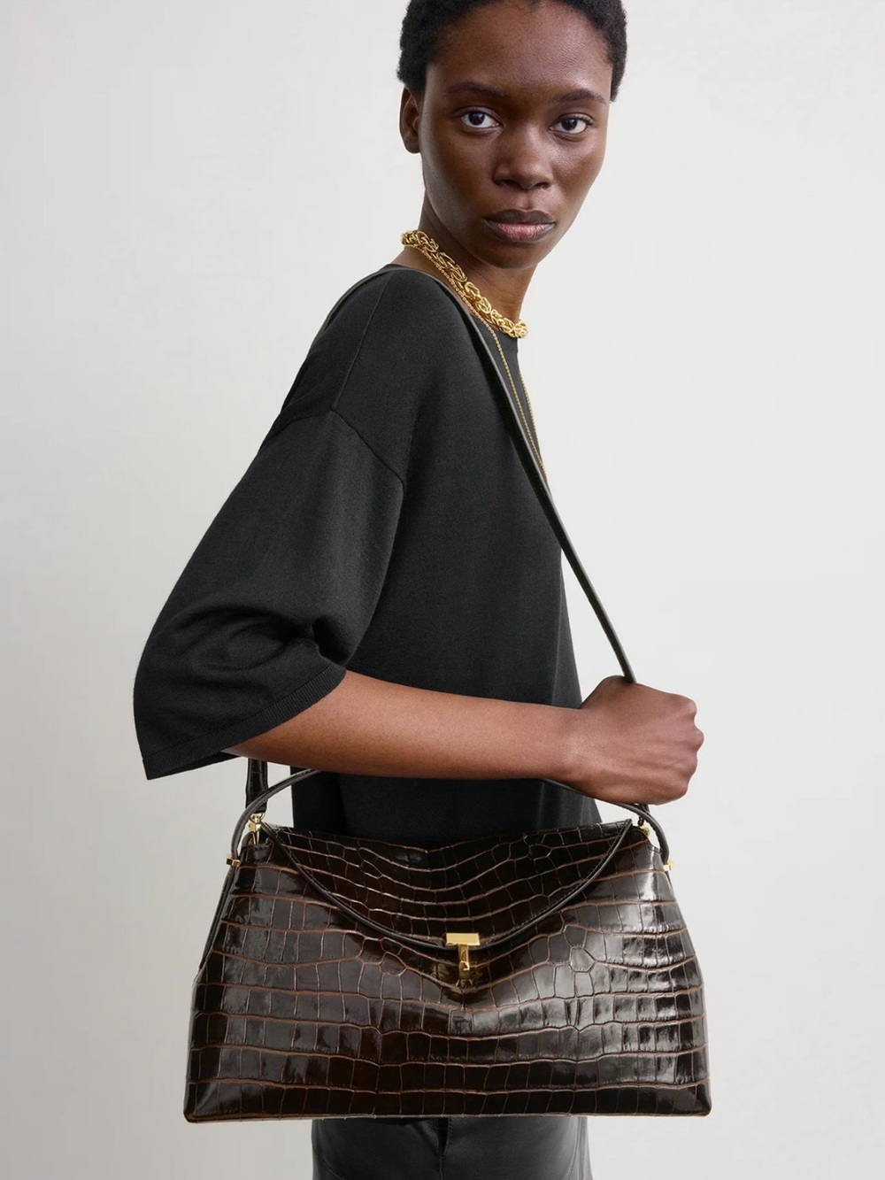 Toteme Dark Brown Croc-Embossed Shoulder Bag with Gold Hardware - Picture 2 of 5